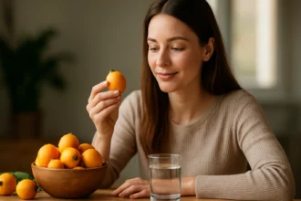 Žena skúma mišpulu s pohárom vody a miskou plnou ovocia.