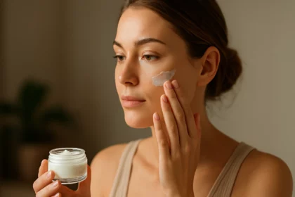 Žena nanášajúca krém na pleť s pohárom v ruke.