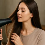 Žena s iónovým sušičom vlasov a hladkými vlasmi.