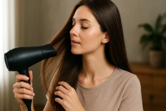 Žena s iónovým sušičom vlasov a hladkými vlasmi.