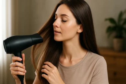 Žena s iónovým sušičom vlasov a hladkými vlasmi.