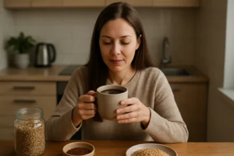 Žena pije obilninovú kávu v útulnej kuchyni.