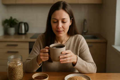 Žena pije obilninovú kávu v útulnej kuchyni.