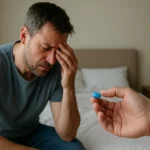 Muž trpiaci erektilnou dysfunkciou prijíma liek Kamagra Super.