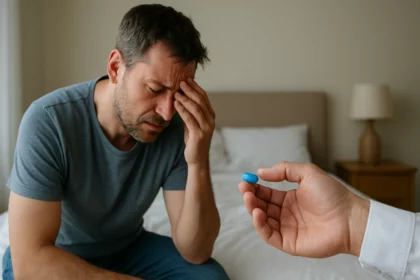 Muž trpiaci erektilnou dysfunkciou prijíma liek Kamagra Super.