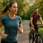 Žena beží a muž bicykluje v parku, symbolizujúci zdravý životný štýl.