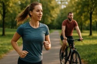 Žena beží a muž bicykluje v parku, symbolizujúci zdravý životný štýl.