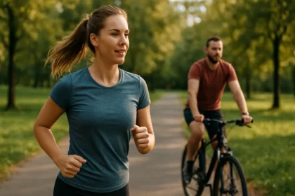 Žena beží a muž bicykluje v parku, symbolizujúci zdravý životný štýl.