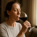 Žena vychutnávajúca pohár červeného vína pri okne