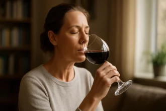 Žena vychutnávajúca pohár červeného vína pri okne