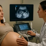 Žena na ultrazvukovom vyšetrení počas tehotenstva s lekárom.