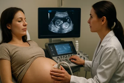 Žena na ultrazvukovom vyšetrení počas tehotenstva s lekárom.