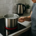 Žena varí vodu na indukčnej varnej doske, para stúpa z hrnca