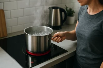 Žena varí vodu na indukčnej varnej doske, para stúpa z hrnca