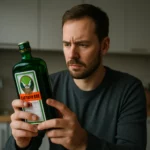 Muž skúma fľašu Jägermeistera v kuchyni