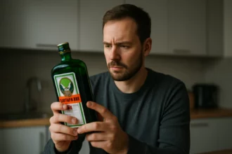 Muž skúma fľašu Jägermeistera v kuchyni