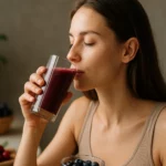 Žena pije smoothie s antioxidantmi na udržanie zdravia pokožky.
