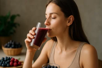 Žena pije smoothie s antioxidantmi na udržanie zdravia pokožky.