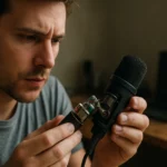 Muž skúma mikrofón a jeho komponenty