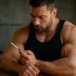 Muž s výraznými svalmi pripravuje injekciu drostanolón propionátu.