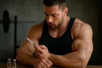 Muž s výraznými svalmi pripravuje injekciu drostanolón propionátu.