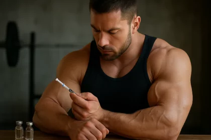 Muž s výraznými svalmi pripravuje injekciu drostanolón propionátu.