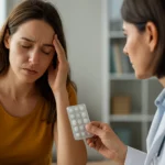 Žena s bolesťou hlavy dostáva lieky od lekára.