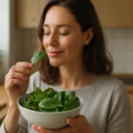 Žena si vychutnáva špenát v kuchyni, symbol zdravej výživy.