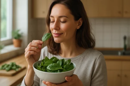 Žena si vychutnáva špenát v kuchyni, symbol zdravej výživy.