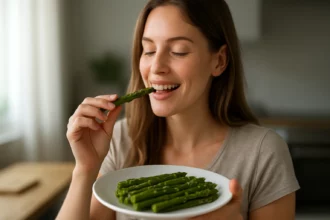 Žena si vychutnáva čerstvú špargľu na tanieri.