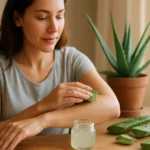 Žena nanáša aloe vera gél na zápästie, v pozadí aloe vera rastlina.