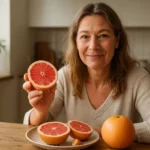 Žena s ružovým grapefruitom a pomarančom na drevenom stole