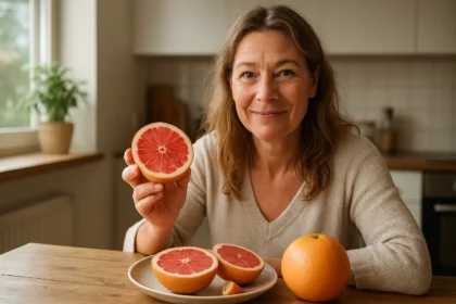 Žena s ružovým grapefruitom a pomarančom na drevenom stole