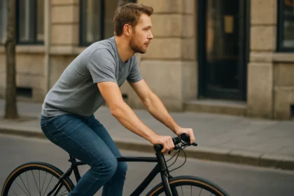 Muž jazdiaci na jednorýchlostnom bicykli po ulici