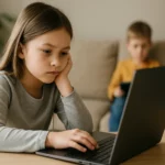 Deti pri počítači, zamyslené nad výhodami a nevýhodami internetu.