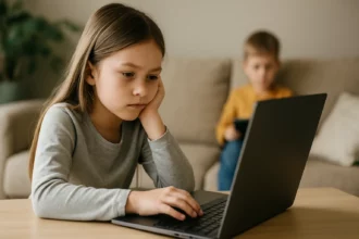 Deti pri počítači, zamyslené nad výhodami a nevýhodami internetu.