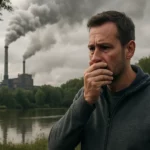 Muž reagujúci na znečistenie ovzdušia pri znečistenej vode.