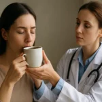 Žena pije kávu s lekárom, diskusia o vplyve kofeínu na zdravie.