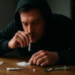 Muž užívajúci drogy na stole s rôznymi potrebami.