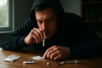 Muž užívajúci drogy na stole s rôznymi potrebami.