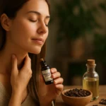 Žena s klinčekovým esenciálnym olejom pri aromaterapii.