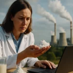 Žena v laboratóriu skúma kaolín s priemyselným pozadím.