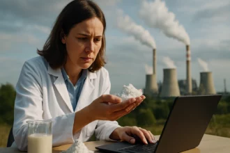 Žena v laboratóriu skúma kaolín s priemyselným pozadím.