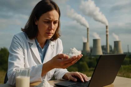 Žena v laboratóriu skúma kaolín s priemyselným pozadím.