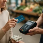 Žena platí platobnou kartou pri pokladni s hotovosťou v ruke.