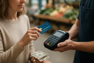 Žena platí platobnou kartou pri pokladni s hotovosťou v ruke.