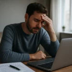 Muž trpiaci stresom pri počítači, reflektujúci nezamestnanosť.