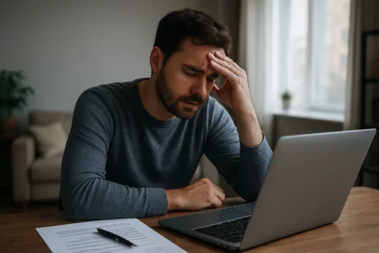Muž trpiaci stresom pri počítači, reflektujúci nezamestnanosť.