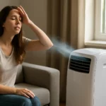 Žena pri mobilnej klimatizácii, snaží sa ochladiť od letných horúčav.