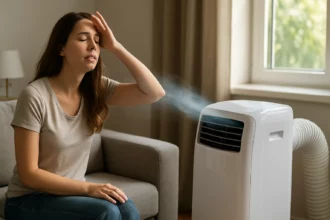 Žena pri mobilnej klimatizácii, snaží sa ochladiť od letných horúčav.